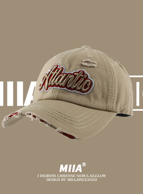 阿美咔叽美式磨破立体刺绣字母棒球帽子女日系软顶街头鸭舌帽子男