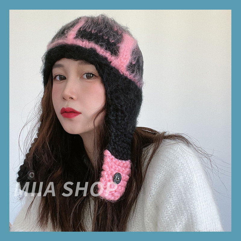 韩国秋冬马海毛手工拉毛可爱雷锋帽保暖针织帽毛线帽滑雪护耳帽女