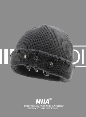 亚比街头嘻哈复古十字架圆环破洞毛线帽子女雅痞针织瓜皮帽冷帽男