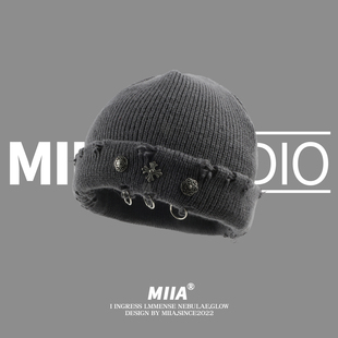 亚比街头嘻哈复古十字架圆环破洞毛线帽子女雅痞针织瓜皮帽冷帽男