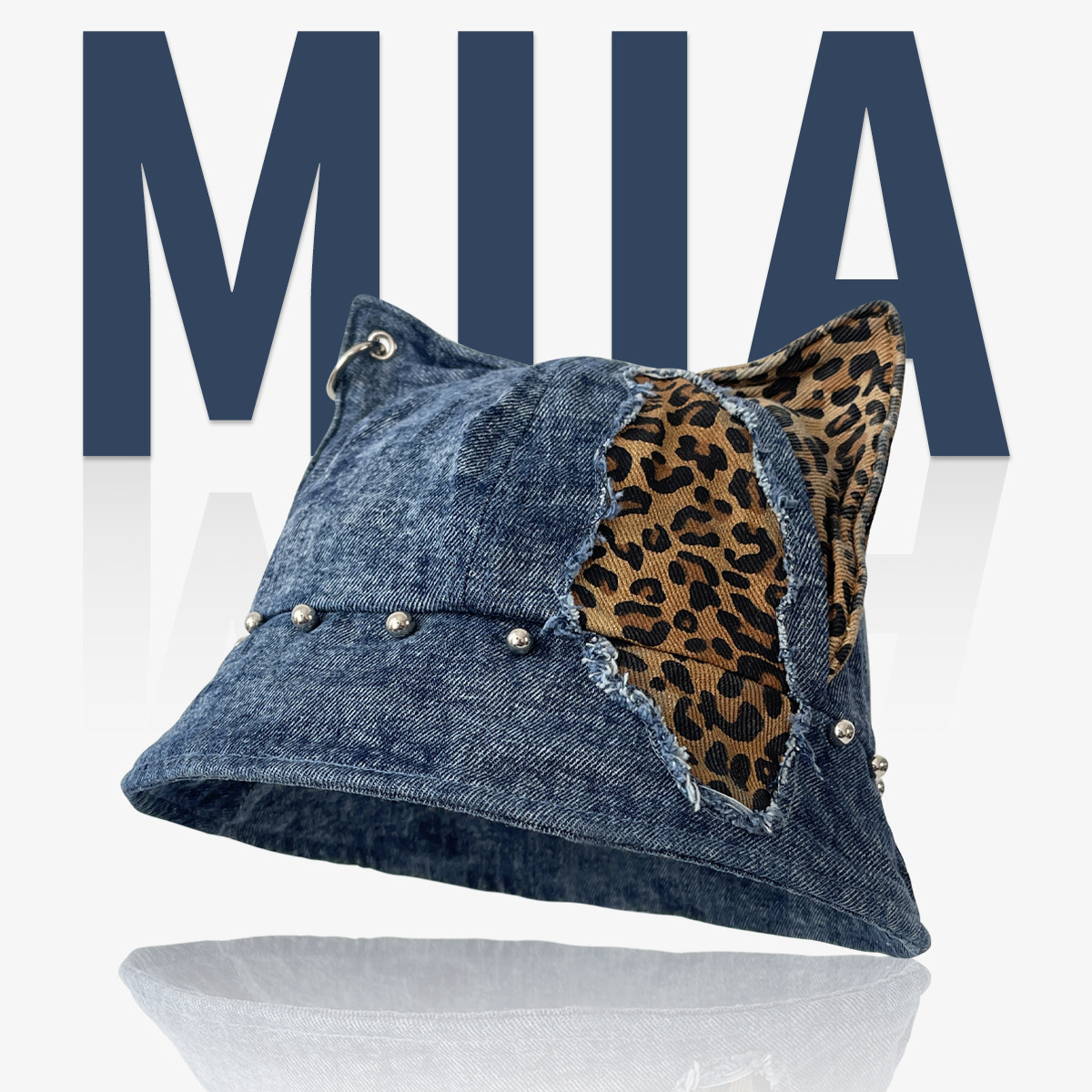 日系小众设计猫咪耳朵豹纹撞色牛仔渔夫帽子女朋克风铆钉盆帽潮牌