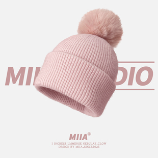 安哥拉兔毛绒针织毛线帽子女秋冬保暖加厚护耳帽狐狸毛球可拆卸潮