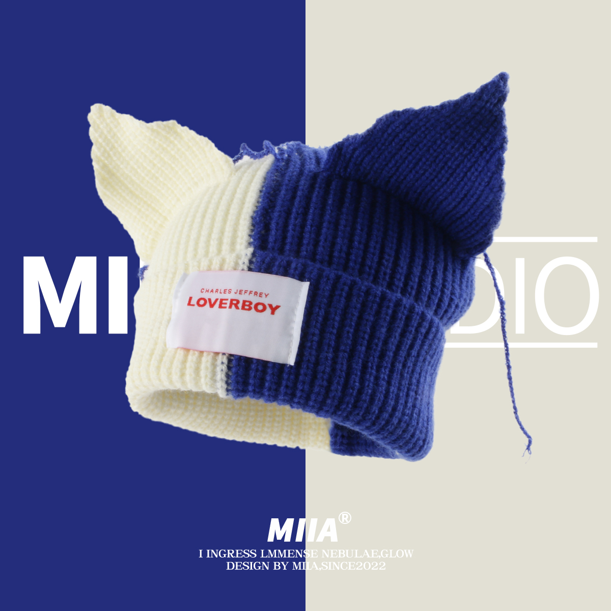 反织设计拼接狐狸耳朵毛线帽