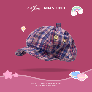 日系纽扣猫咪格纹八角帽女夏季大头围翻檐显脸小贝雷帽百搭画家帽