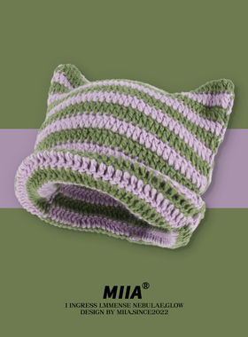 日本定制ins小恶魔条纹针织毛线帽子女猫咪耳朵可爱尖尖帽套头帽