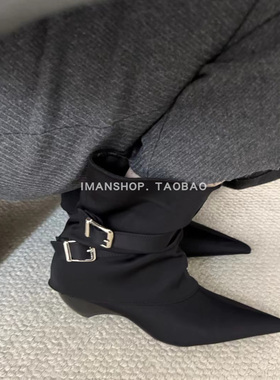 wins shoes25秋冬缎面搭扣粗跟短靴尖头小众设计欧美黑色软皮加绒