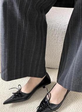 wins shoes 2025新款法式芭蕾风尖头绑带浅口细跟高跟鞋黑色单鞋