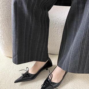 wins shoes 2025新款法式芭蕾风尖头绑带浅口细跟高跟鞋黑色单鞋
