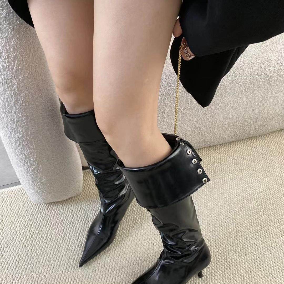 2024NEW SPRING 高级感漆皮亮黑色细跟过膝长筒靴两穿高筒靴长靴,女鞋,时装靴,淘宝优惠券,粉丝福利购,淘宝优惠卷