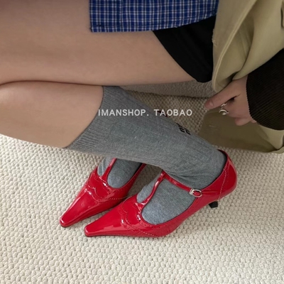 wins shoes2025法式早春尖头红色花纹小细跟玛丽珍高跟鞋时装单鞋
