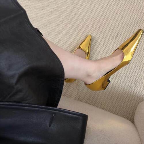 wins shoes 氛围金色小单鞋  清冷尖头高跟鞋女2025春季粗跟女鞋
