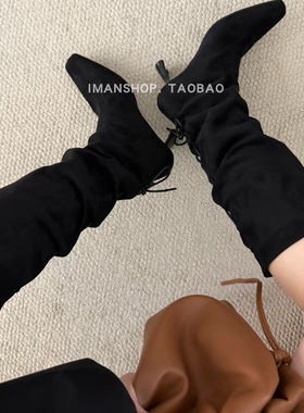 wins shoes 法式大长腿黑色绒面系带抽绳不过膝长靴女显瘦骑士靴