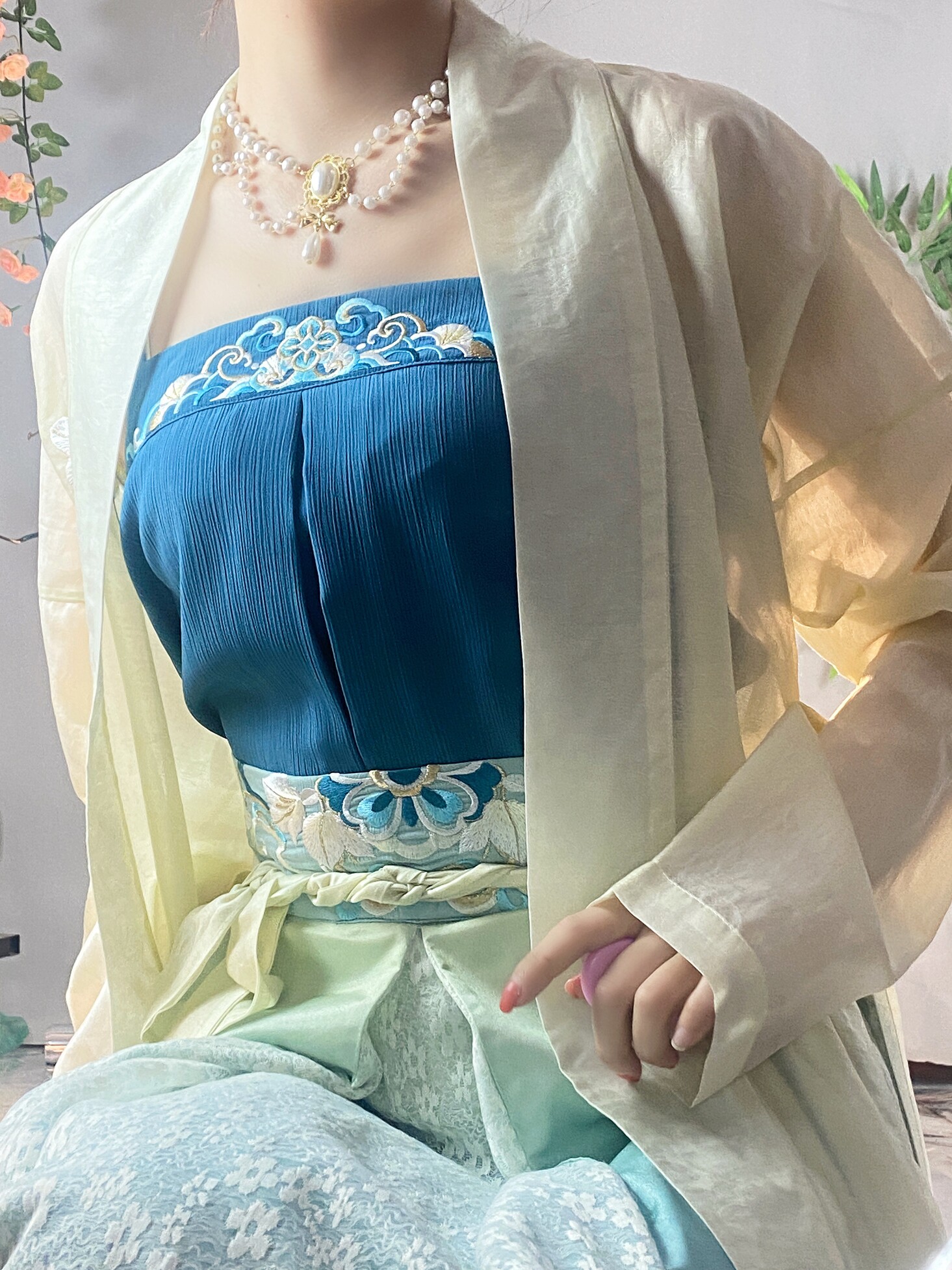 남산 매력 먼 산 파란색 여름 소녀의 텐셀 재킷 얇은 송나라 한복 자수 양복 4부 및 3주름 스커트