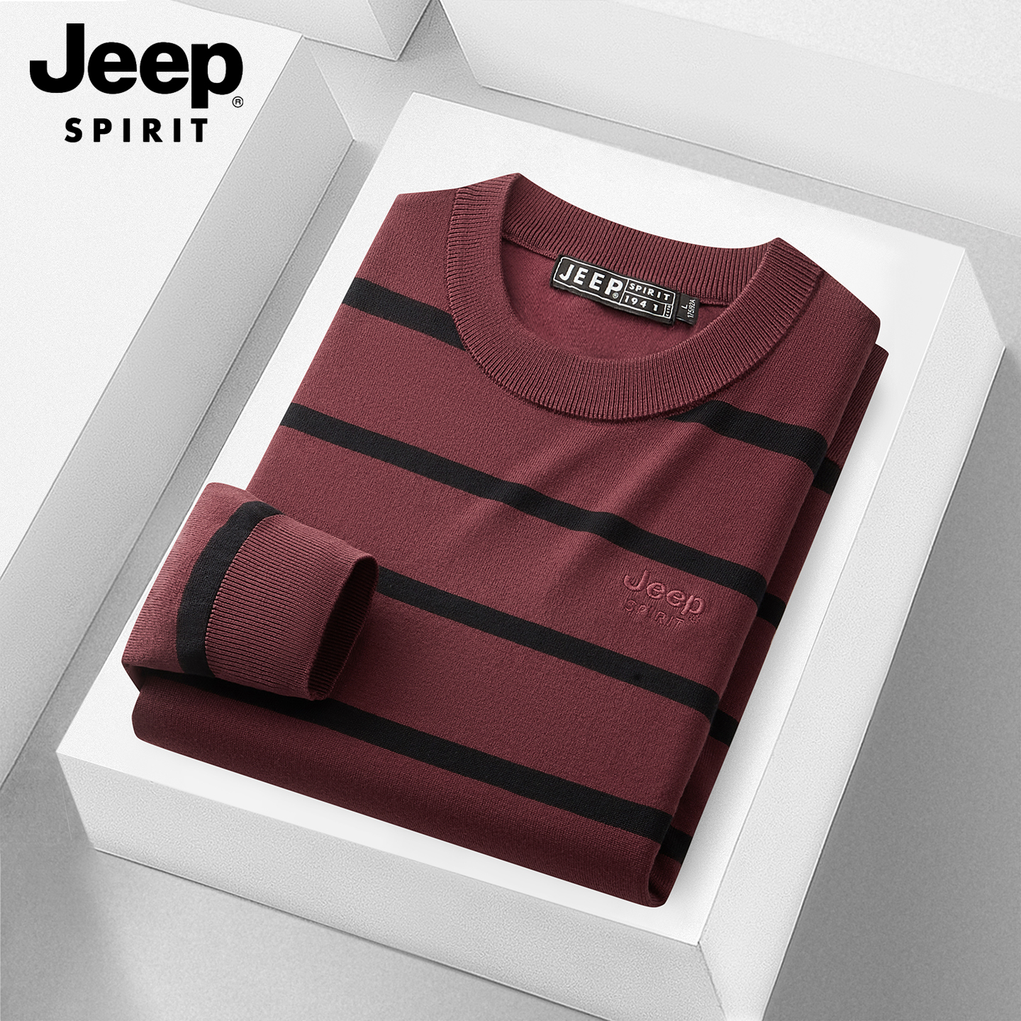 吉普圆领条纹针织衫男