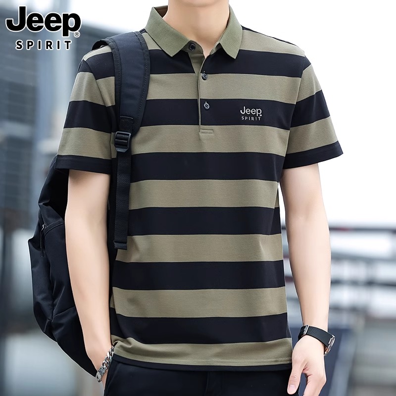 正品JEEP吉普夏季新男款美式短袖T恤条纹翻领商务休闲纯棉polo衫