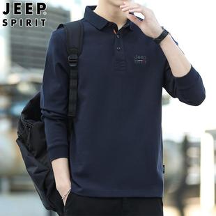 吉普商务休闲纯棉宽松翻领长袖T恤男士2026春秋季新款打底POLO衫