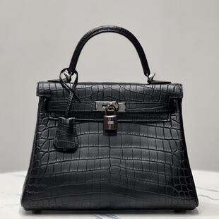 H家手工蜡线尼罗鳄鱼皮凯莉25女包内缝黑色黑扣雾面手提包可定制