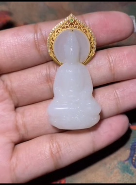 精品新疆和田玉籽料立体观音 一级白油润细腻18k镶嵌51*25.5*14mm