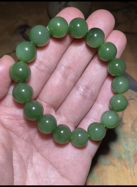 俄罗斯和田玉碧玉 圆珠手串 菠菜绿颜色纯正 微猫眼 性价比高12mm
