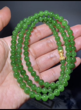 精品和田玉碧玉 108圆珠项链非常亮眼的辣绿色油性好温润细腻 6mm