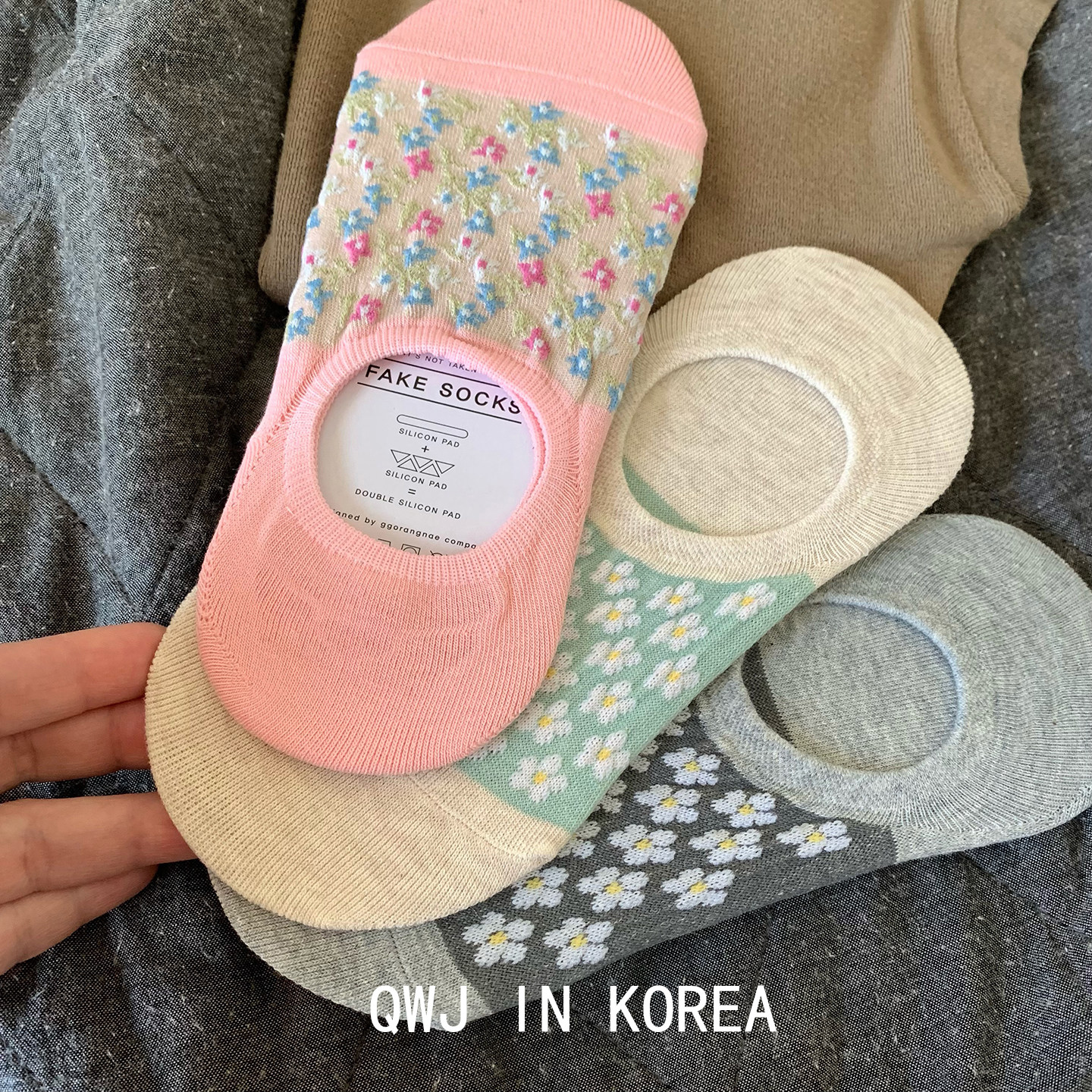 韩国进口船袜粉粉碎花百搭米灰色小花浅口棉袜子春夏薄款不掉跟女
