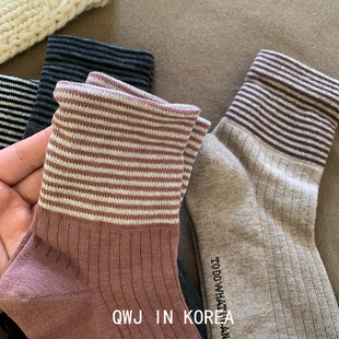 有点韩有点百搭 韩国进口条纹袜口女棉袜秋冬纯色中筒袜运动袜子
