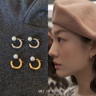 韩国进口ins博主款斜插金色银色珍珠耳环简洁气质后挂式耳钉耳圈
