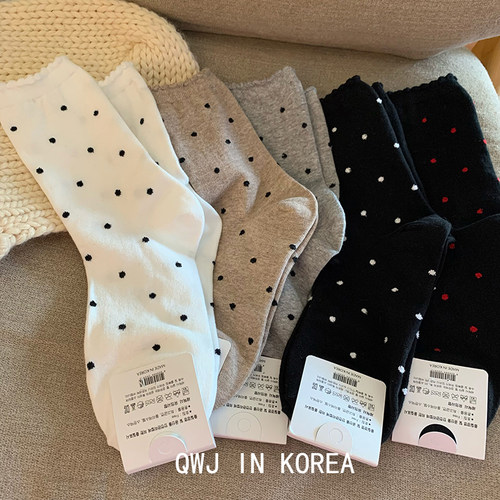韩国进口袜子花边纯色底波点棉袜
