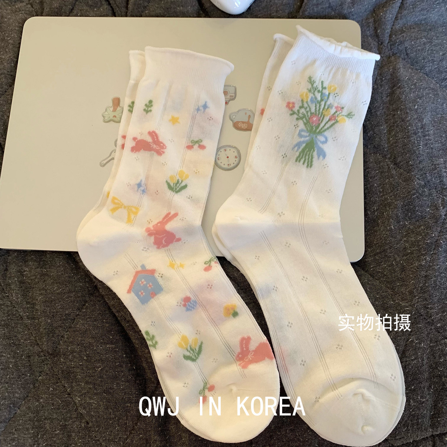 花束兔子蔷薇家袜子白色薄透少女感松口卷边袜春夏甜美中筒袜棉袜