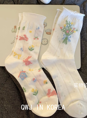 白色薄透少女花朵兔子卷边松口袜