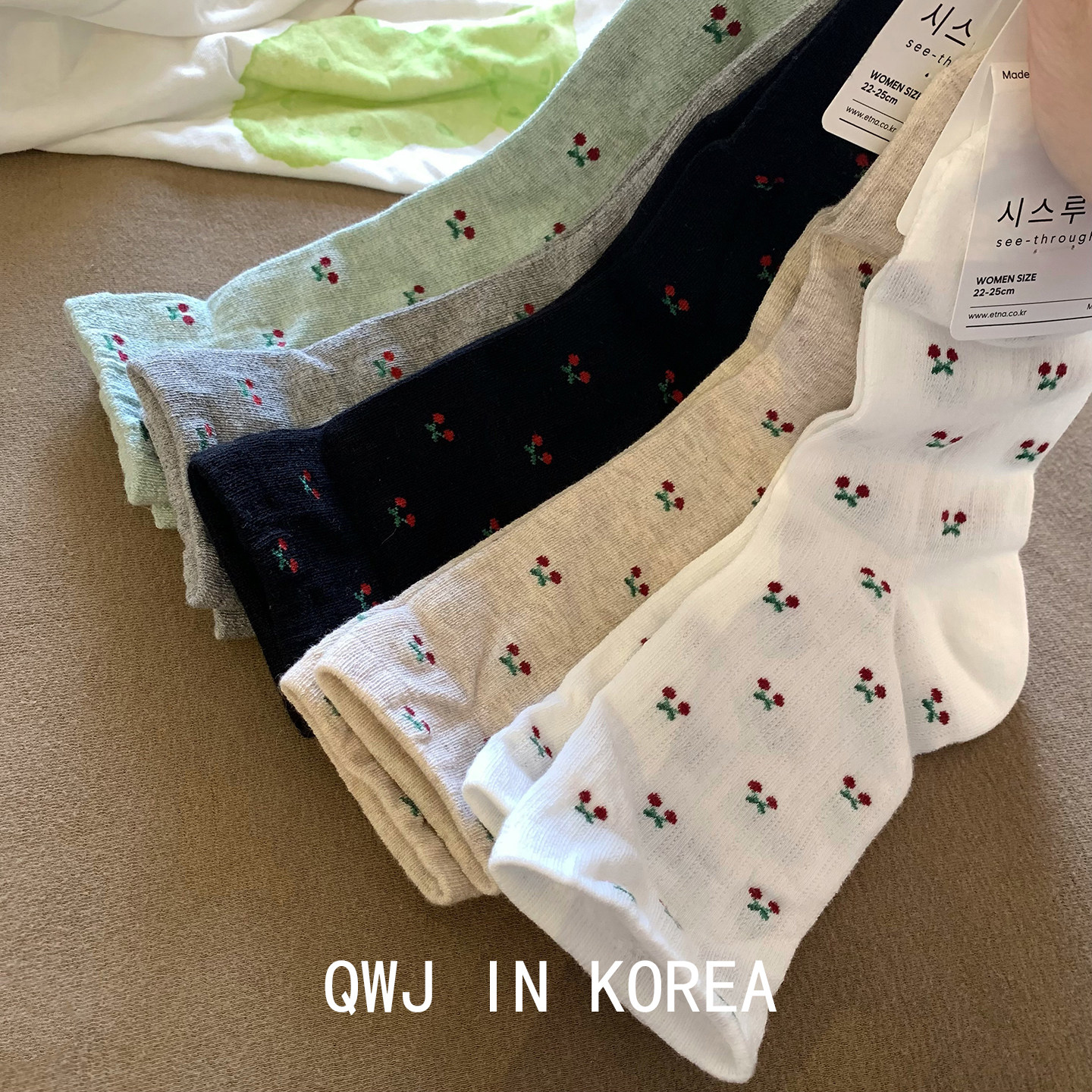 满印小樱桃中筒袜蔷薇家韩国进口袜子女棉袜四季可爱甜美运动袜
