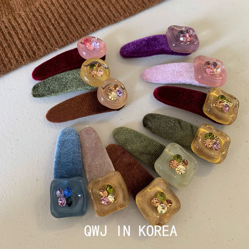 韩国进口边夹彩色宝石方块发夹