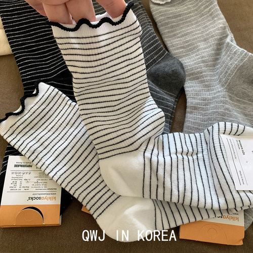 韩国进口袜子薄棉条纹花边中筒袜
