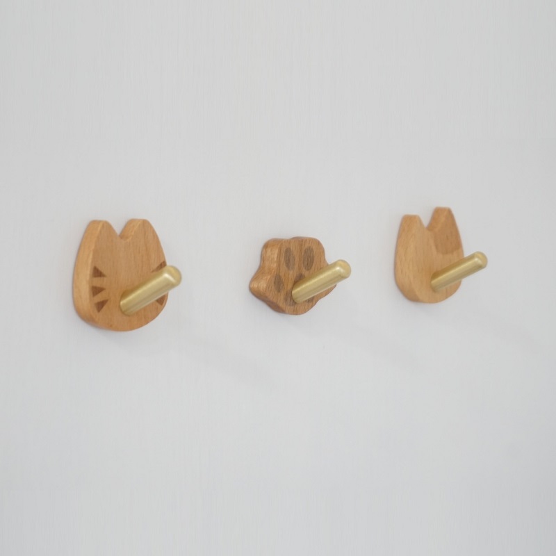 实木黄铜免打孔挂钩猫咪墙壁装饰