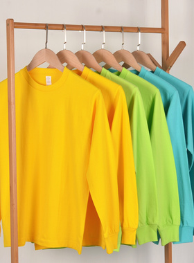 亮黄色糖果色纯棉重磅不透圆领长袖T恤男女情侣大码打底衫全棉白T