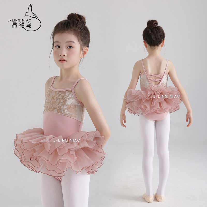 儿童吊带芭蕾舞蹈体操服拼丝绒形体服女童基训服拼色练功服