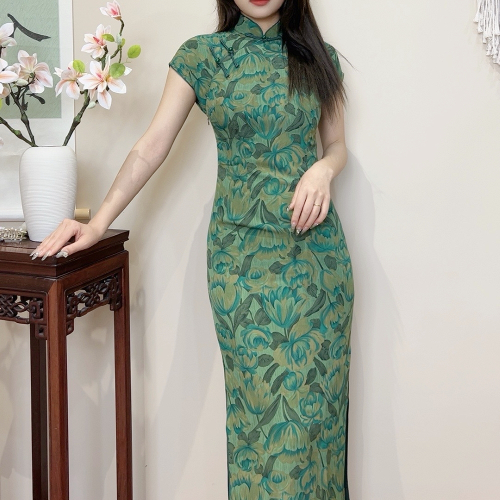 zg-2573 半开襟印花改良旗袍少女复古民国中国风气质长款老上海