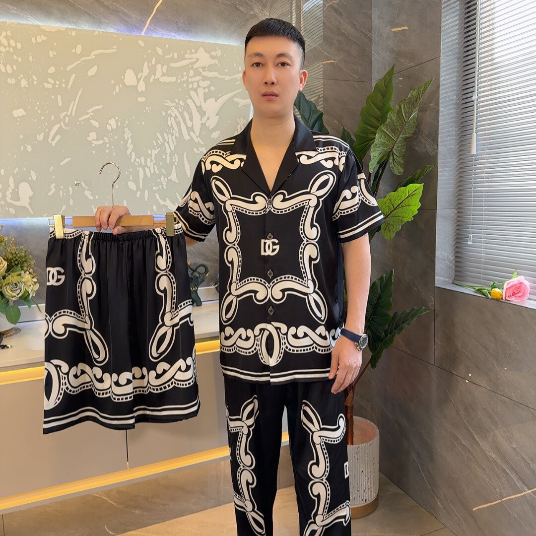 夏季新款欧美风男士冰丝睡衣三件套短袖薄款家居服轻奢时尚可外穿
