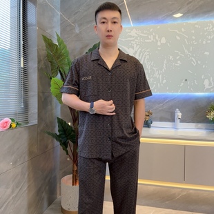 男士高端春夏纯棉短袖长裤字母印花莱卡薄棉睡衣家居服套装可外穿