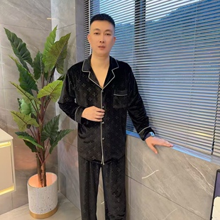 2025新款男士克黑色金丝绒长袖睡衣家居服套装高级感