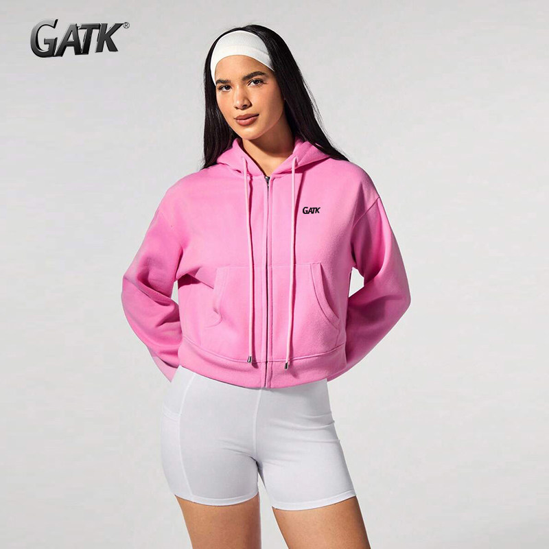 GATK 连帽卫衣女美式复古宽松休闲棒球服字母印花高腰拉链短外套