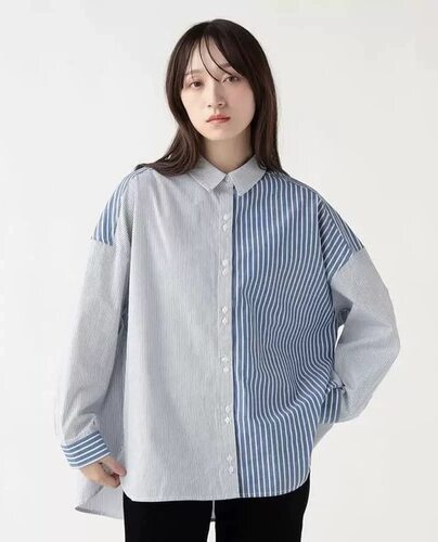 日系原单 beams 衬衫撞色条纹圆点格子拼接休闲宽松长袖上衣