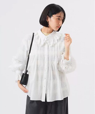 日系beams家原单森系花边领口纯色甜美灯笼袖纯棉简约衬衫上衣女