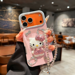 新款潮流卡通猫水钻 适用苹果17promax手机壳 闪钻KT猫iPhone16promax全包外壳 防摔15pro保护套