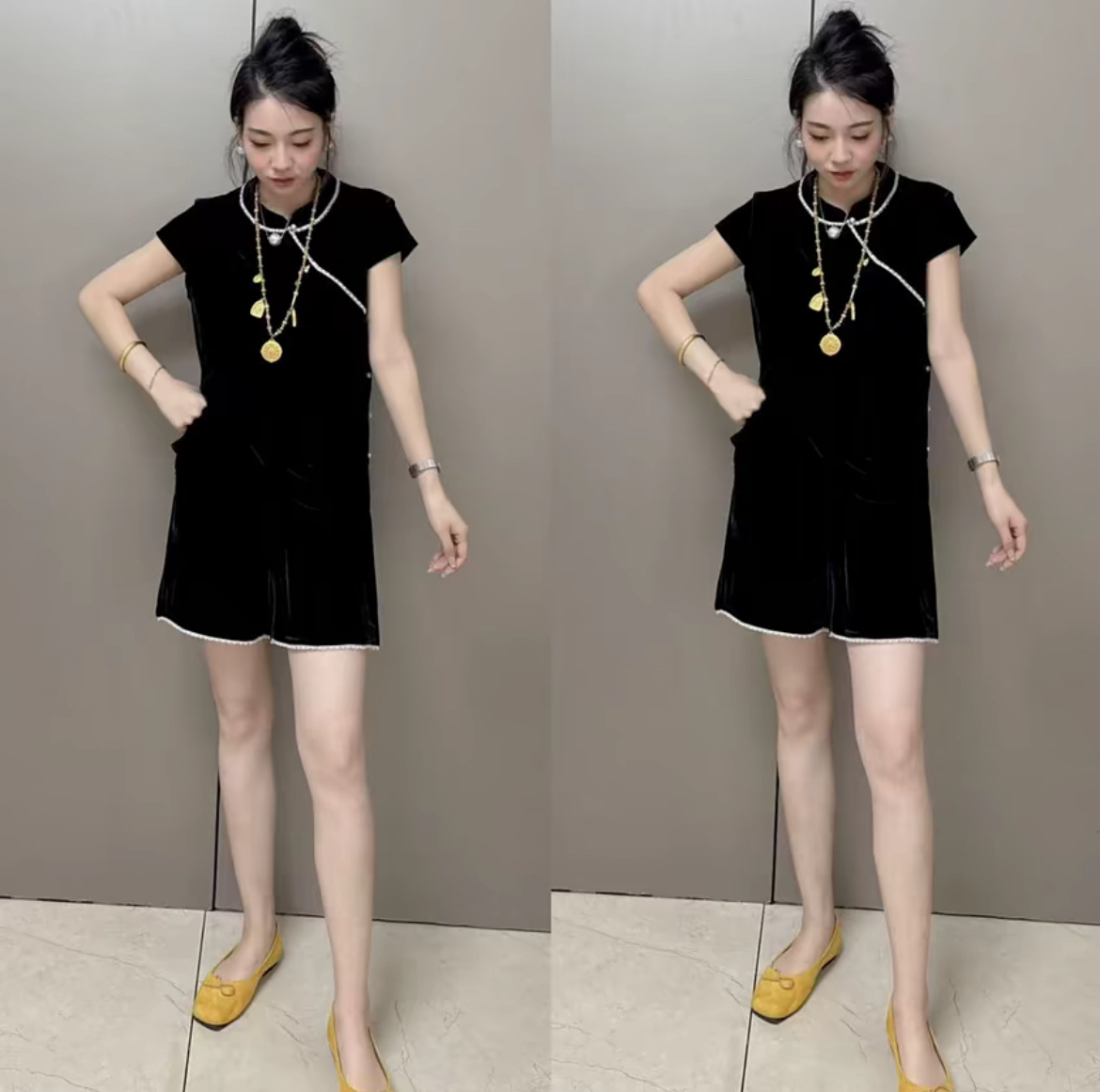 2025夏季新款新中式国风盘扣丝绒中长款衬衫上衣两件套装女大码