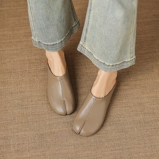 浅口真皮半拖穆勒鞋 软皮一脚蹬懒人鞋 百搭单鞋 女杏色平底包头女鞋