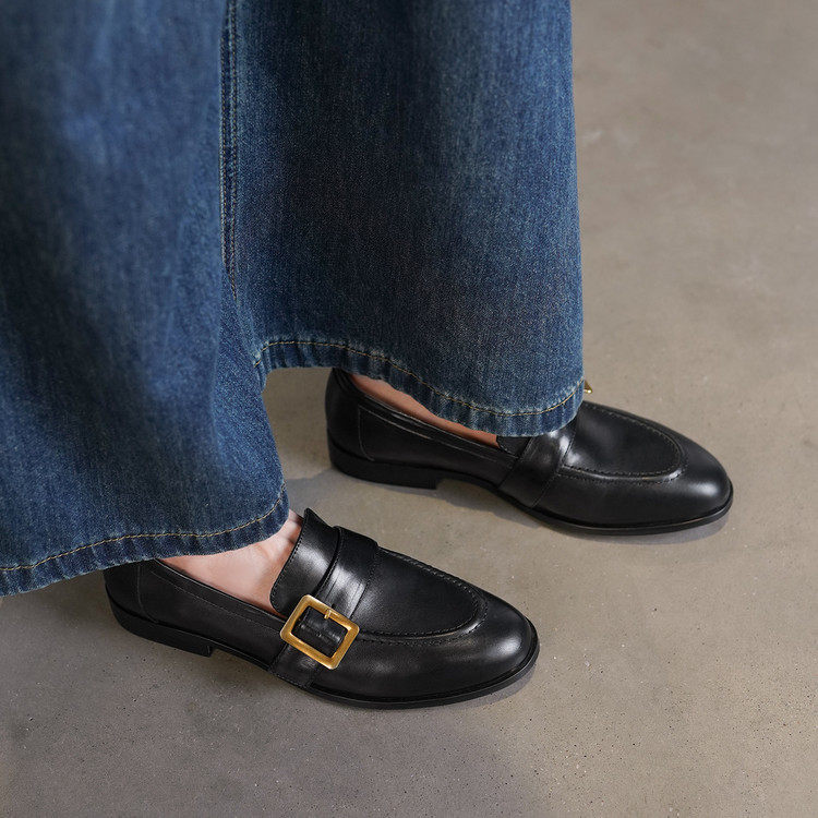 2026新款英伦风圆头乐福鞋女黑色真皮金属扣一脚蹬百搭平底工作鞋,女鞋,乐福鞋（豆豆鞋）,淘宝优惠券,粉丝福利购,淘宝优惠卷