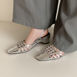 镂空后绊带浅口单鞋 百搭通勤仙女风夏 女低跟2025新款 银色编织凉鞋