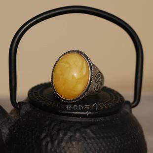 【系石苑推荐】925纯银手工镶天然鸡油黄蜜蜡复古饱满开口戒指