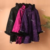 25282中式 立领凤仙领真毛提花中长款 太太棉服